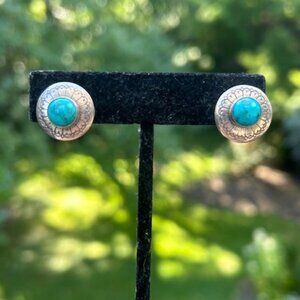 925 Silver Etched Malachite Stone Round VTG EARRINGS